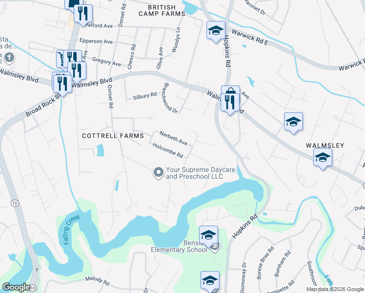 map of restaurants, bars, coffee shops, grocery stores, and more near 3808 Bridgeton Road in Richmond