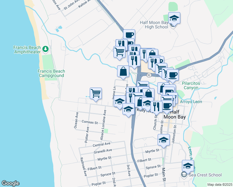 map of restaurants, bars, coffee shops, grocery stores, and more near 402 Laurel Avenue in Half Moon Bay