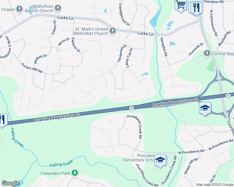 map of restaurants, bars, coffee shops, grocery stores, and more near 1613 Crawford Wood Drive in Midlothian