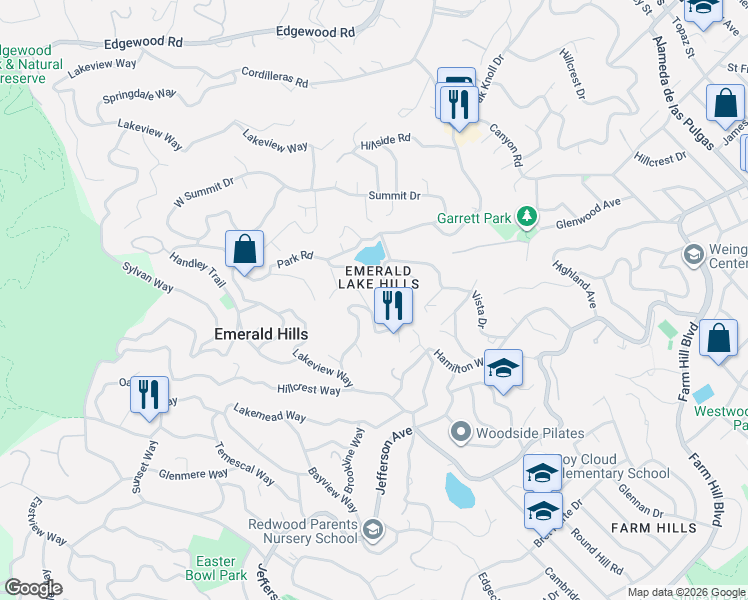 map of restaurants, bars, coffee shops, grocery stores, and more near 3539 Oak Knoll Drive in Emerald Hills