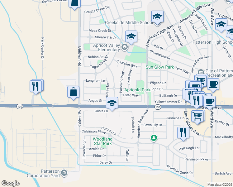 map of restaurants, bars, coffee shops, grocery stores, and more near 46 Walker Ranch Parkway in Patterson