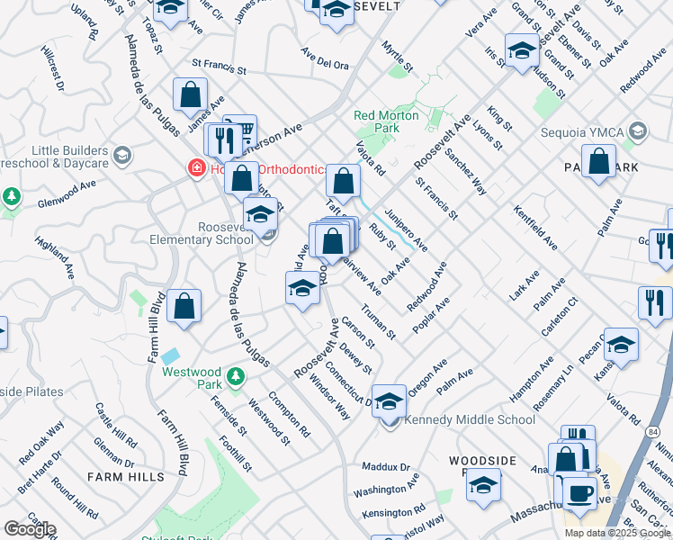 map of restaurants, bars, coffee shops, grocery stores, and more near 2158 Mcgarvey Avenue in Redwood City