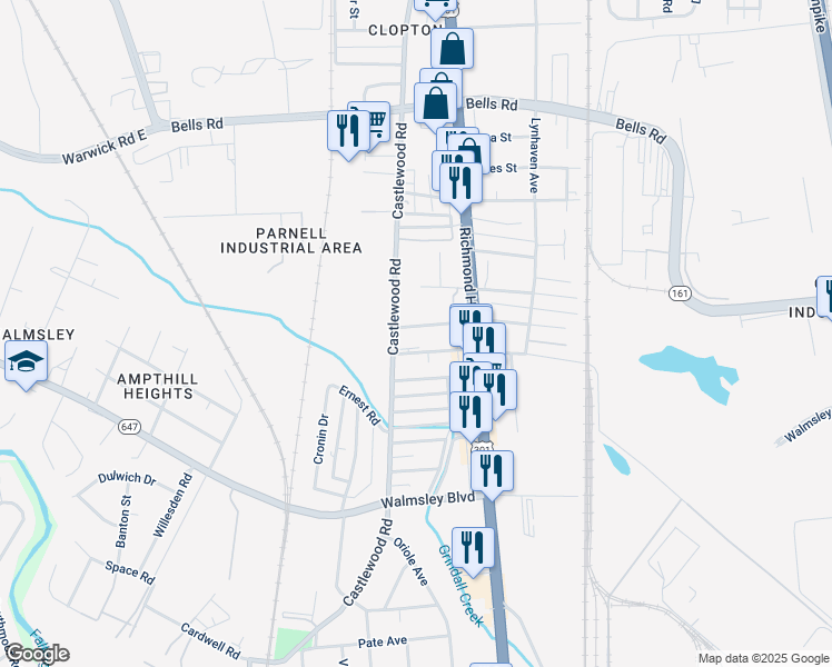 map of restaurants, bars, coffee shops, grocery stores, and more near 2626 Lancelot Avenue in Richmond