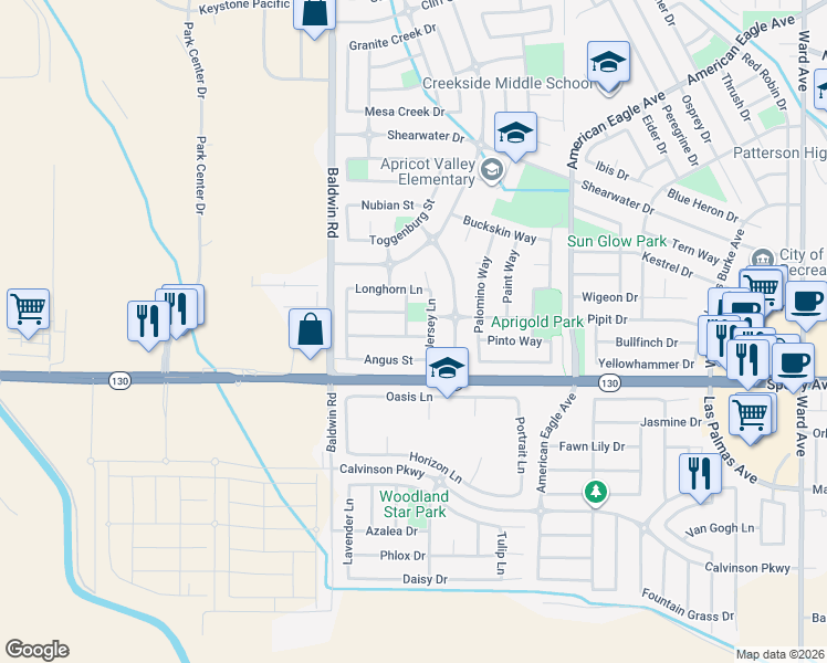 map of restaurants, bars, coffee shops, grocery stores, and more near 38 Brangus Lane in Patterson