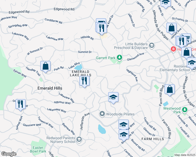 map of restaurants, bars, coffee shops, grocery stores, and more near 100 Vaquero Way in Emerald Hills