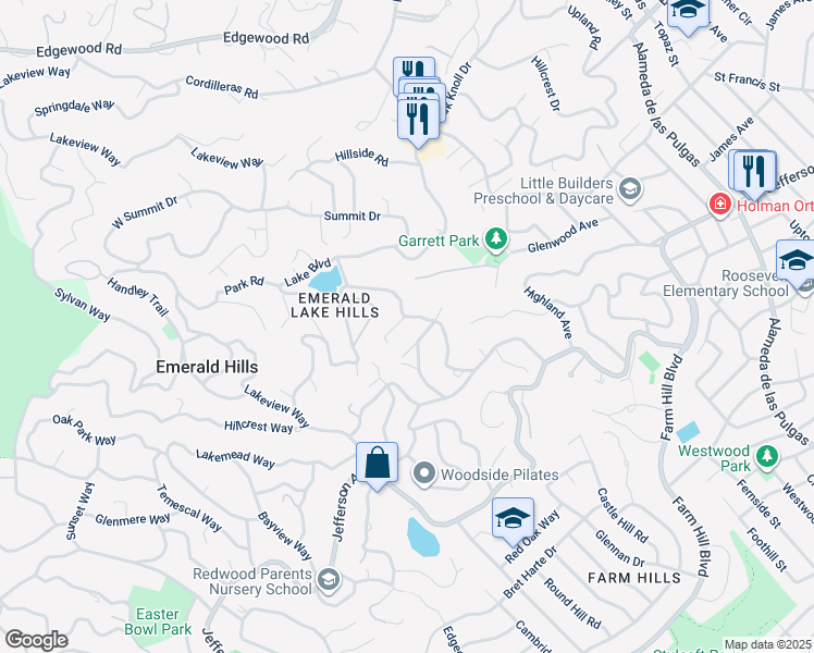 map of restaurants, bars, coffee shops, grocery stores, and more near 100 Vaquero Way in Emerald Hills