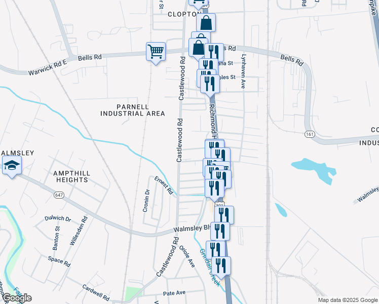 map of restaurants, bars, coffee shops, grocery stores, and more near 2626 Lancelot Avenue in Richmond
