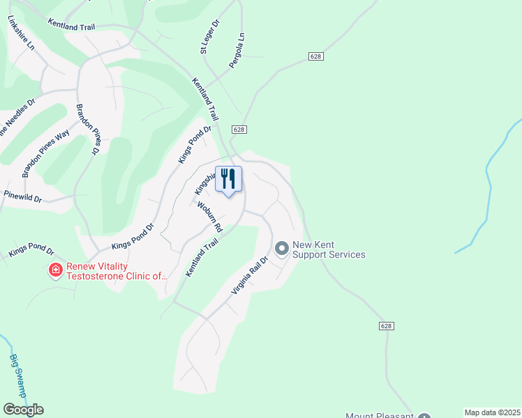 map of restaurants, bars, coffee shops, grocery stores, and more near 4392 Wigeon Drive in Providence Forge