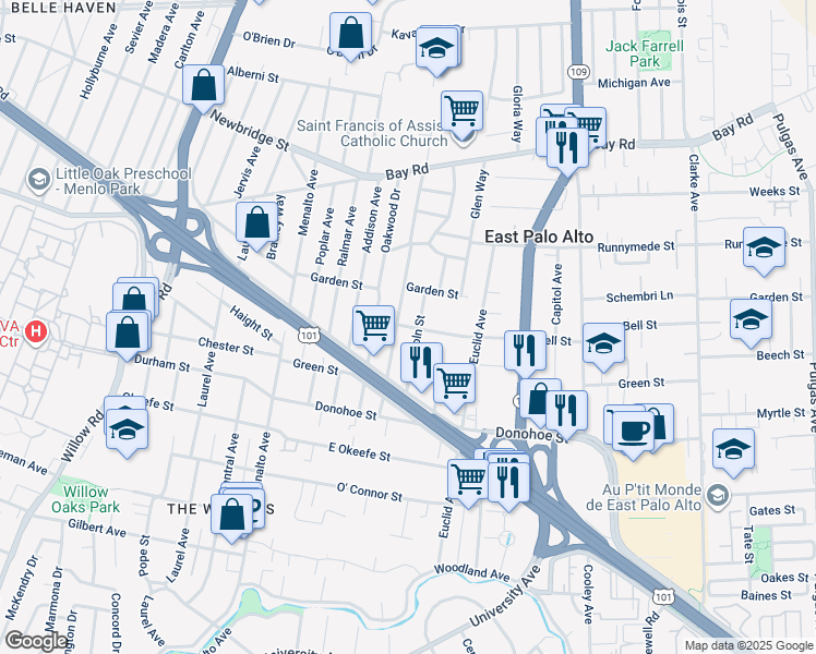 map of restaurants, bars, coffee shops, grocery stores, and more near 2176 Dumbarton Avenue in East Palo Alto