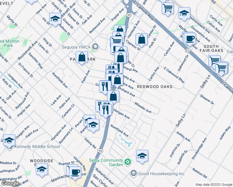 map of restaurants, bars, coffee shops, grocery stores, and more near 835 Woodside Road in Redwood City
