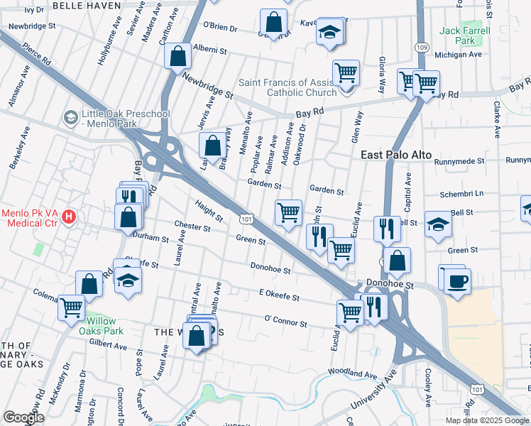 map of restaurants, bars, coffee shops, grocery stores, and more near 2148 Ralmar Avenue in East Palo Alto