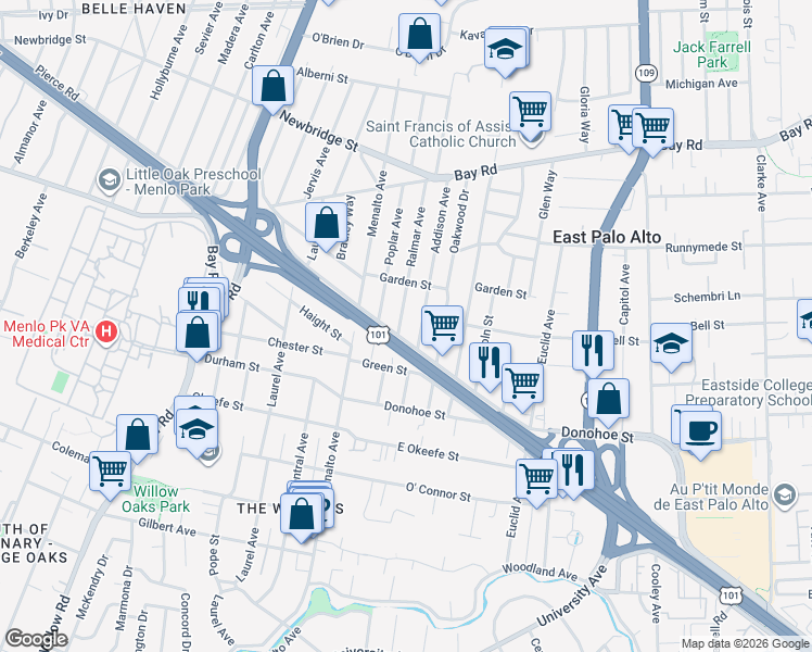 map of restaurants, bars, coffee shops, grocery stores, and more near 2148 Ralmar Avenue in East Palo Alto