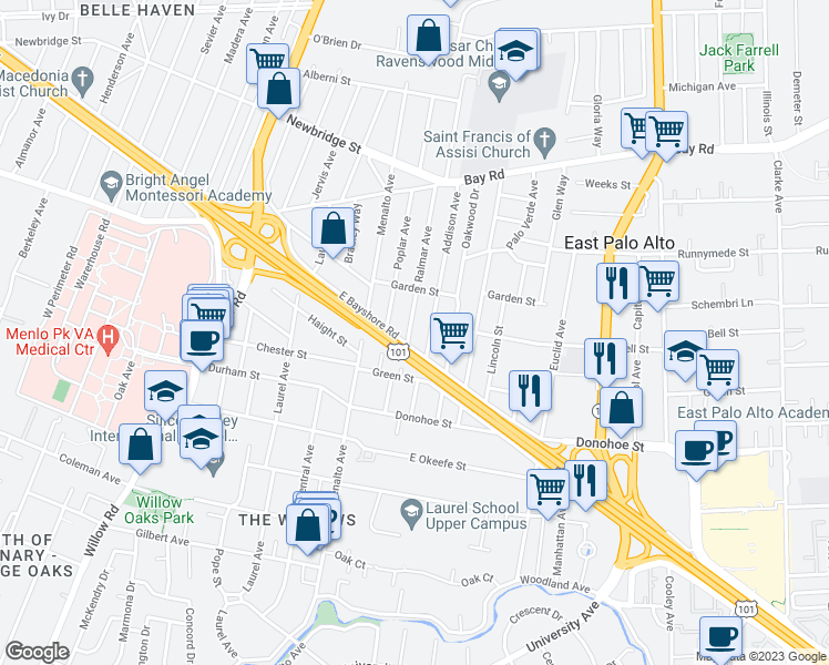 map of restaurants, bars, coffee shops, grocery stores, and more near 2148 Ralmar Avenue in East Palo Alto