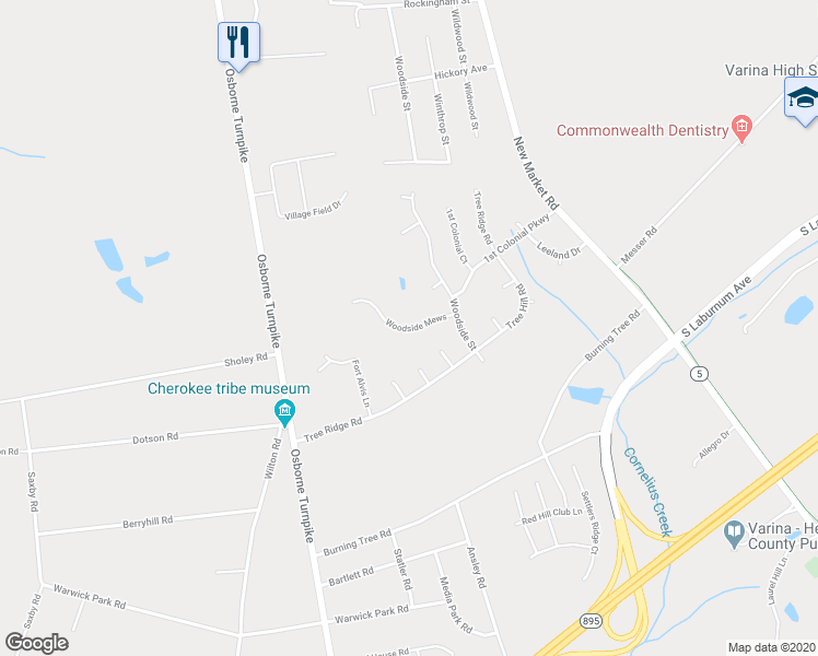 map of restaurants, bars, coffee shops, grocery stores, and more near 1337 Woodside Mews in Henrico