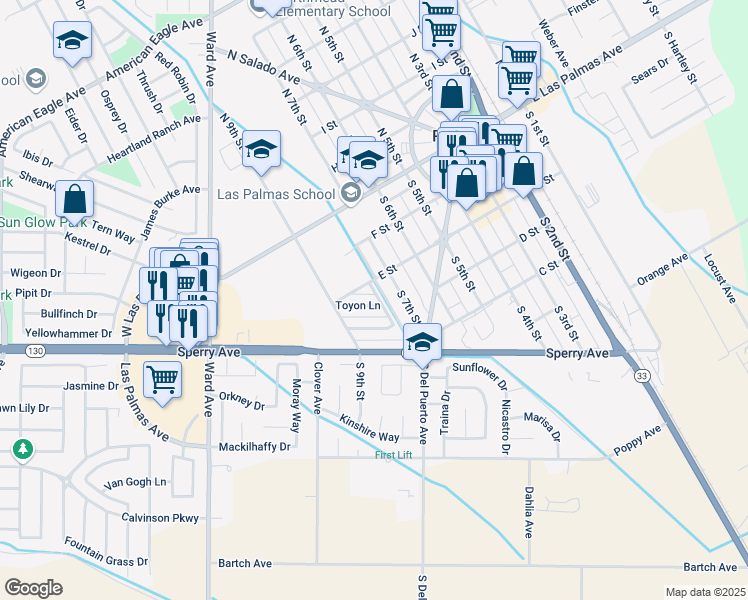 map of restaurants, bars, coffee shops, grocery stores, and more near 830 Toyon Lane in Patterson