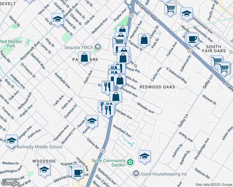map of restaurants, bars, coffee shops, grocery stores, and more near 835 Woodside Road in Redwood City