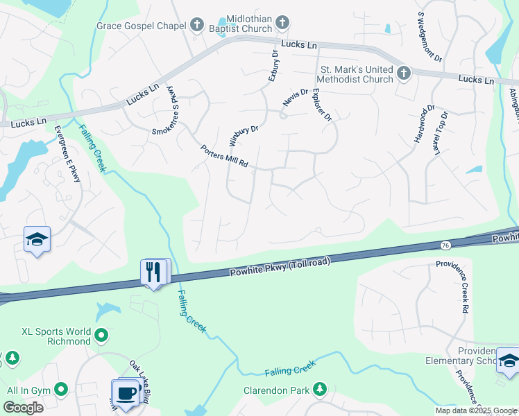 map of restaurants, bars, coffee shops, grocery stores, and more near 11912 Westbury Ridge Court in Midlothian
