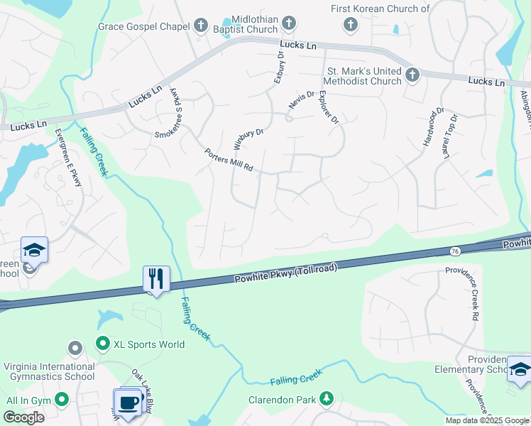map of restaurants, bars, coffee shops, grocery stores, and more near 11912 Westbury Ridge Court in Midlothian