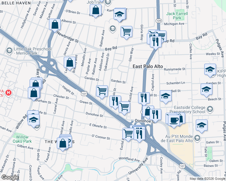 map of restaurants, bars, coffee shops, grocery stores, and more near 2176 Dumbarton Avenue in East Palo Alto