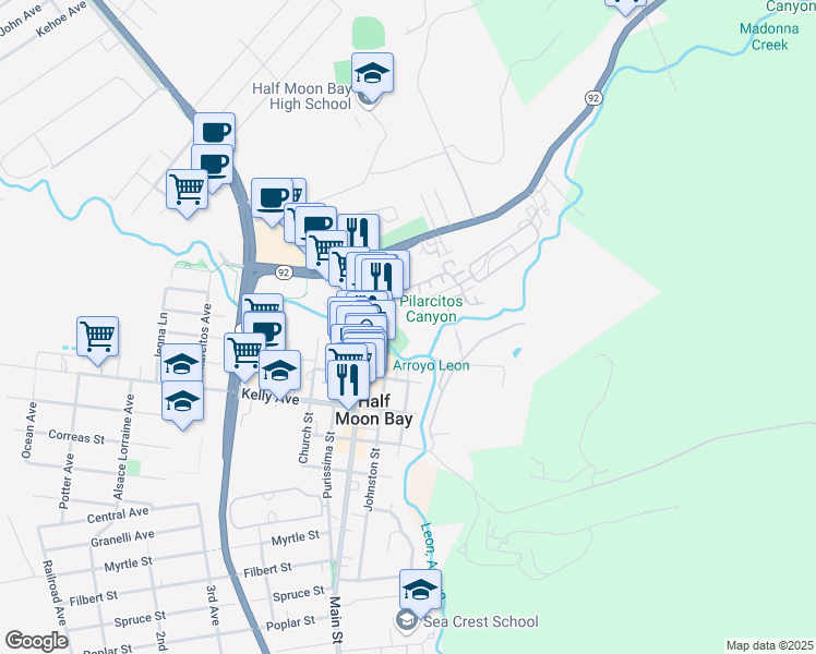 map of restaurants, bars, coffee shops, grocery stores, and more near 100 Stone Pine Road in Half Moon Bay