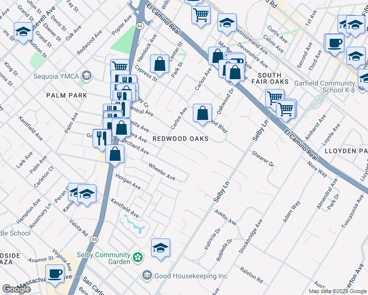 map of restaurants, bars, coffee shops, grocery stores, and more near 274 Roble Avenue in Redwood City