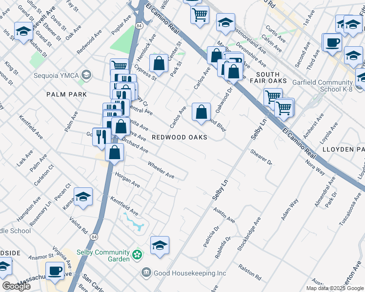 map of restaurants, bars, coffee shops, grocery stores, and more near 274 Roble Avenue in Redwood City