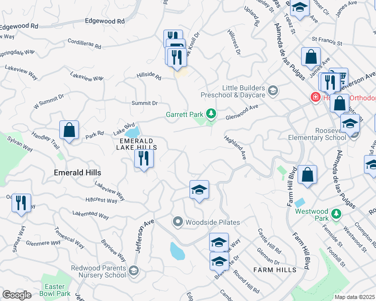 map of restaurants, bars, coffee shops, grocery stores, and more near 707 Vista Drive in Emerald Hills
