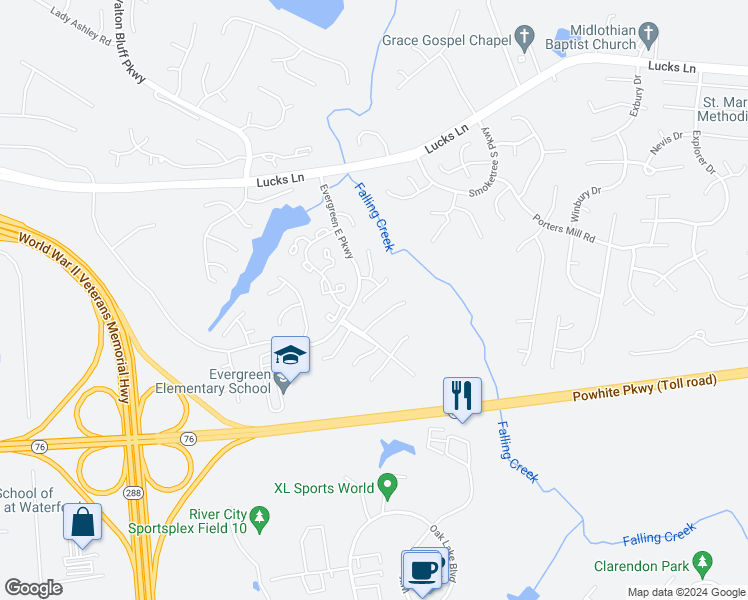 map of restaurants, bars, coffee shops, grocery stores, and more near 1615 Kirkgate Lane in Midlothian