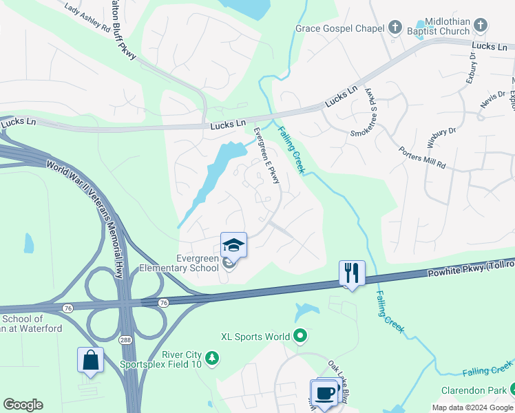 map of restaurants, bars, coffee shops, grocery stores, and more near 12403 Trumbull Court in Midlothian