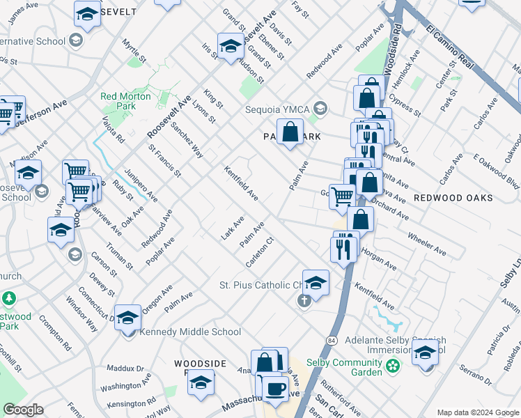 map of restaurants, bars, coffee shops, grocery stores, and more near 1499 Sierra Street in Redwood City