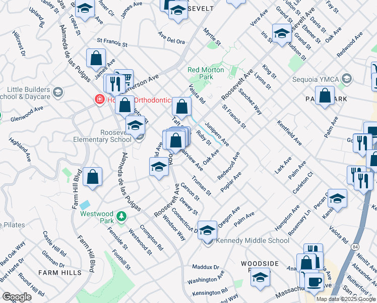 map of restaurants, bars, coffee shops, grocery stores, and more near 1141 Fairview Avenue in Redwood City