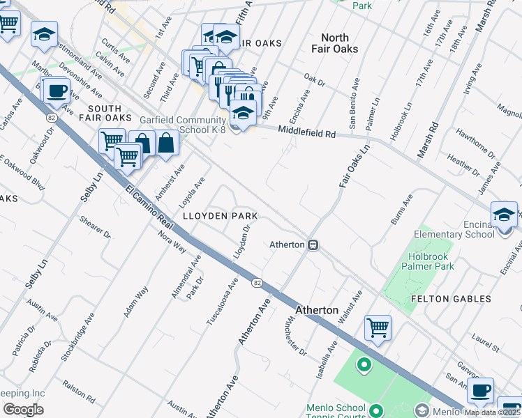 map of restaurants, bars, coffee shops, grocery stores, and more near 97 Belleau Avenue in Atherton