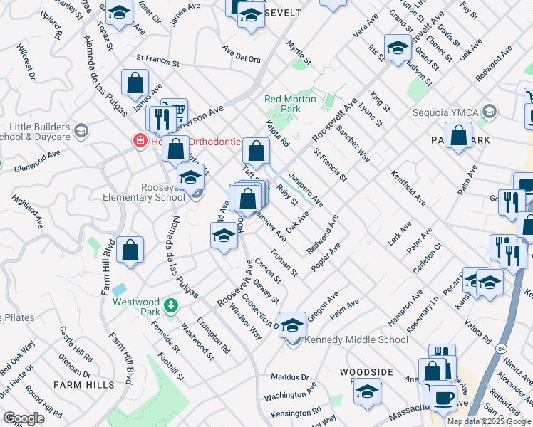 map of restaurants, bars, coffee shops, grocery stores, and more near 1141 Fairview Avenue in Redwood City