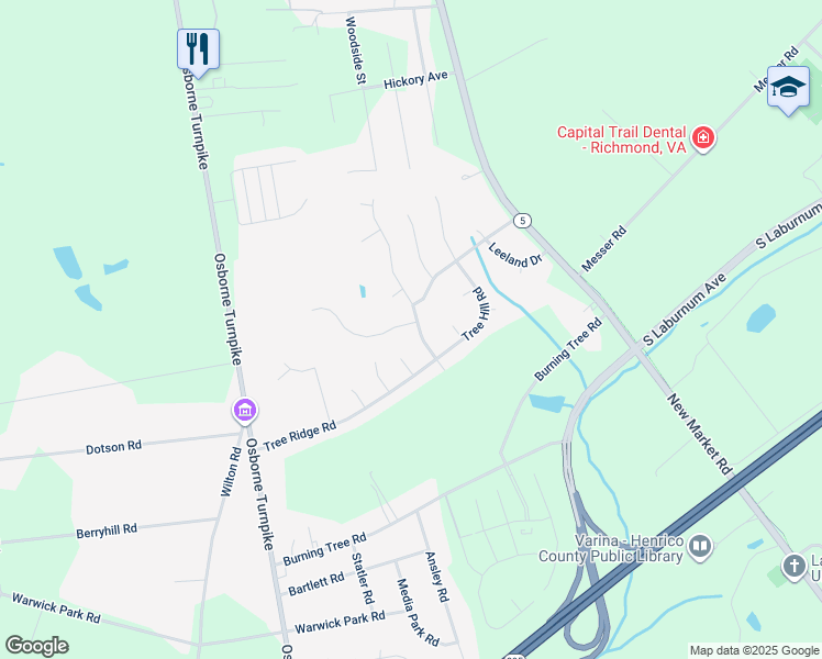 map of restaurants, bars, coffee shops, grocery stores, and more near 7300 Woodside Street in Richmond