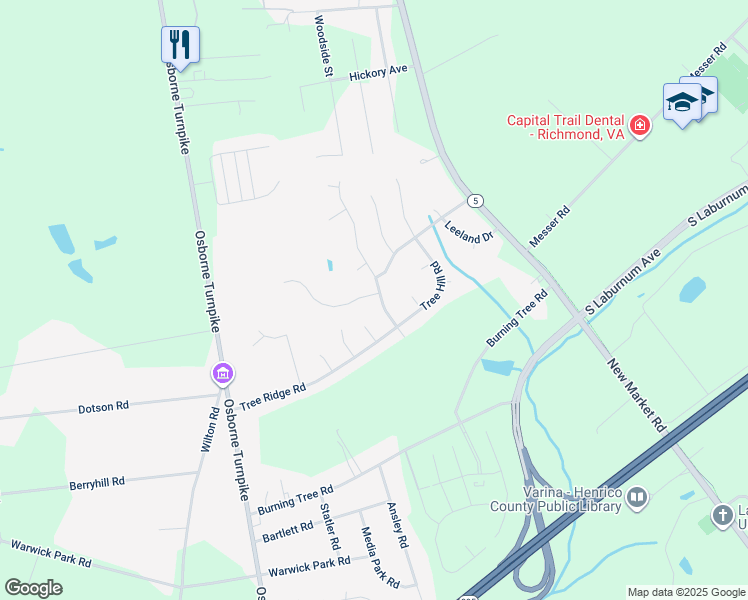 map of restaurants, bars, coffee shops, grocery stores, and more near 7300 Woodside Street in Richmond