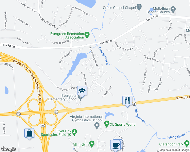 map of restaurants, bars, coffee shops, grocery stores, and more near 12309 Darien Circle in Midlothian