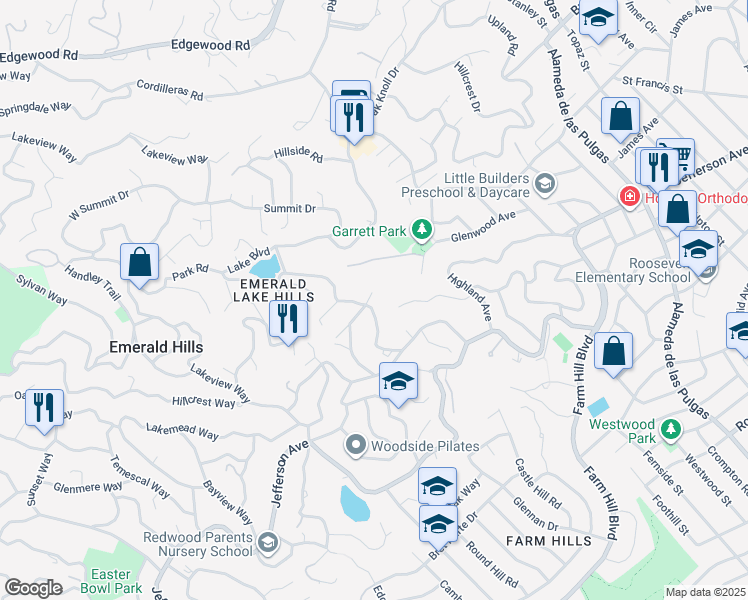 map of restaurants, bars, coffee shops, grocery stores, and more near 707 Vista Drive in Emerald Hills