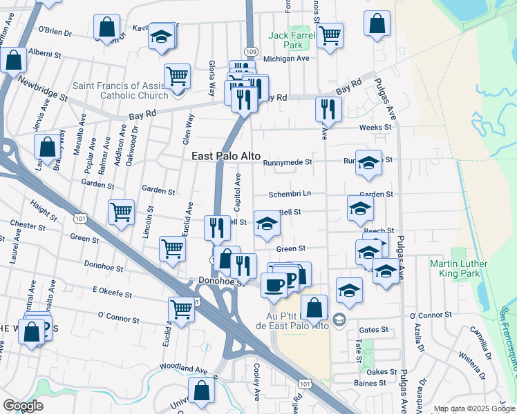 map of restaurants, bars, coffee shops, grocery stores, and more near 2246 Cooley Avenue in East Palo Alto