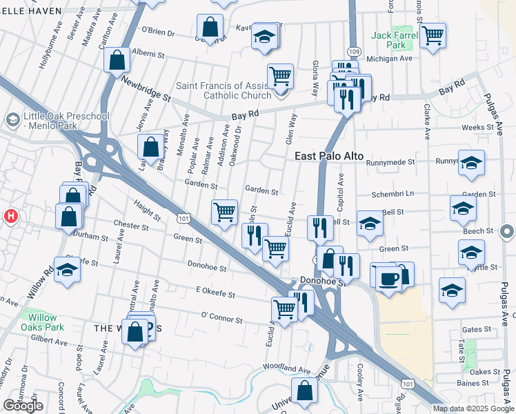 map of restaurants, bars, coffee shops, grocery stores, and more near 410 Garden Street in East Palo Alto