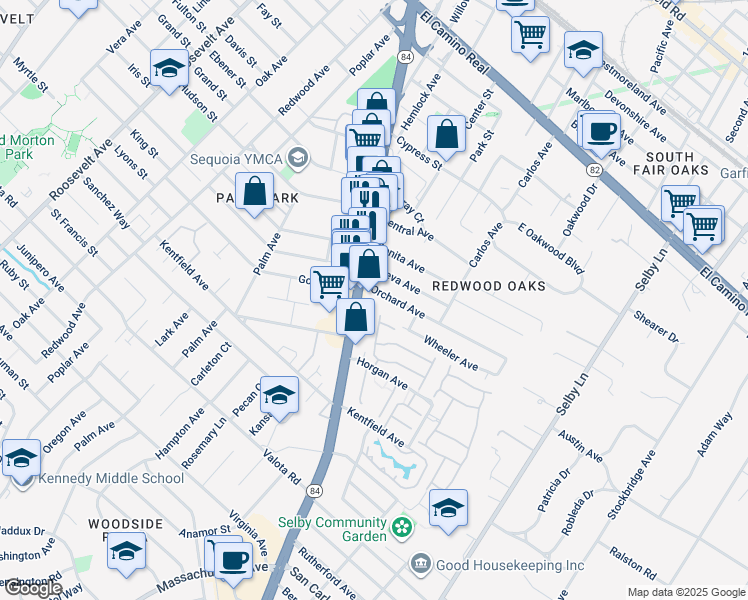 map of restaurants, bars, coffee shops, grocery stores, and more near 46 Nueva Avenue in Redwood City