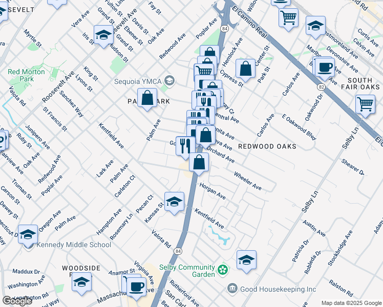 map of restaurants, bars, coffee shops, grocery stores, and more near 768 Woodside Road in Redwood City