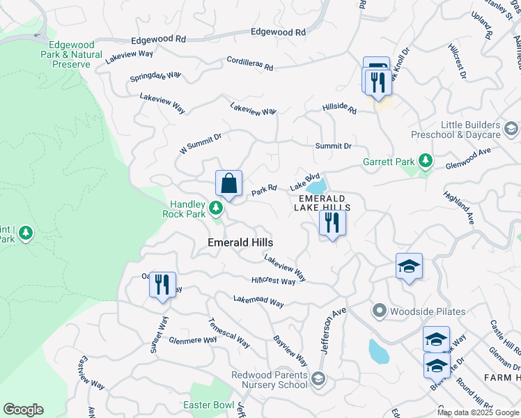 map of restaurants, bars, coffee shops, grocery stores, and more near 2503 Park Road in Emerald Hills