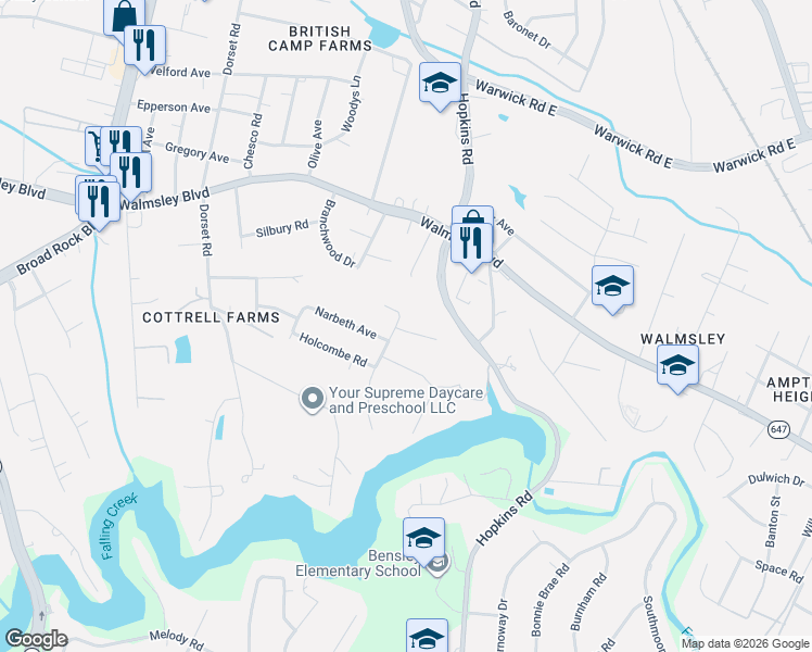 map of restaurants, bars, coffee shops, grocery stores, and more near 3601 Bridgeton Road in Richmond