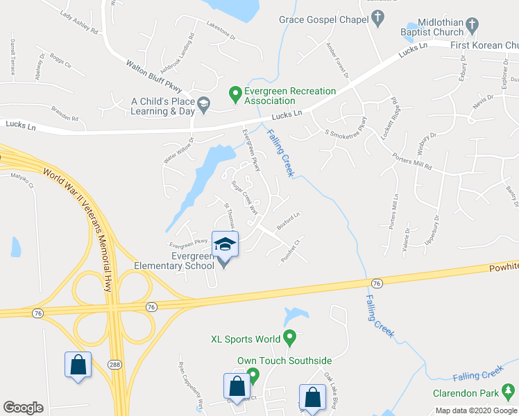 map of restaurants, bars, coffee shops, grocery stores, and more near 12305 Darien Circle in Midlothian