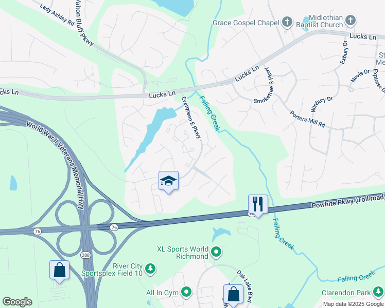 map of restaurants, bars, coffee shops, grocery stores, and more near 12309 Darien Circle in Midlothian