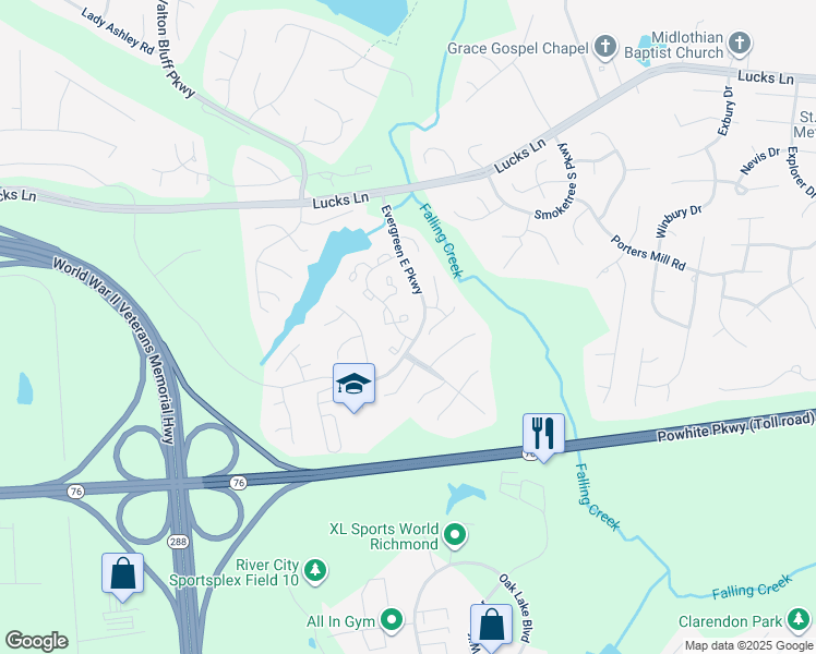 map of restaurants, bars, coffee shops, grocery stores, and more near 12305 Darien Circle in Midlothian