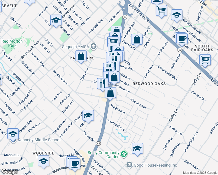 map of restaurants, bars, coffee shops, grocery stores, and more near 768 Woodside Road in Redwood City