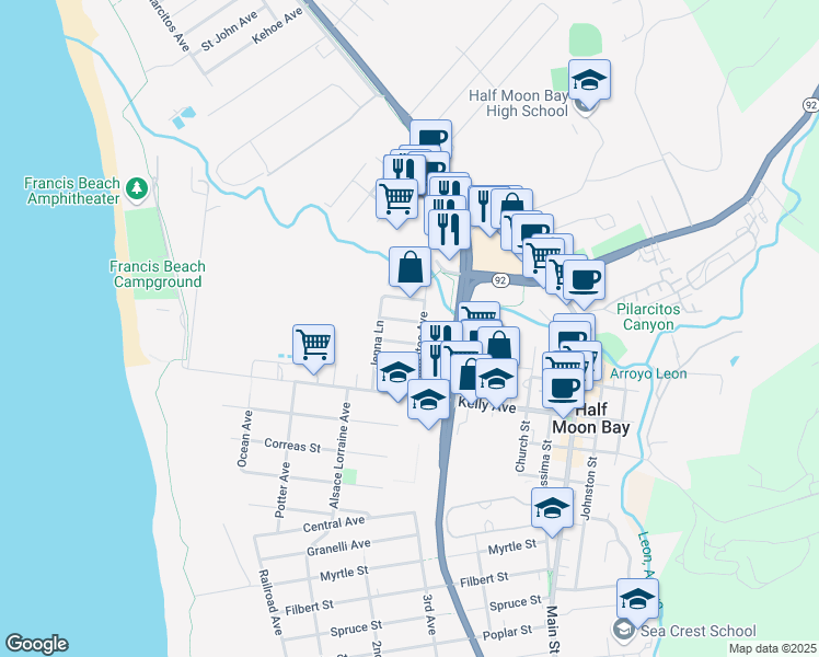 map of restaurants, bars, coffee shops, grocery stores, and more near 470 Willow Avenue in Half Moon Bay