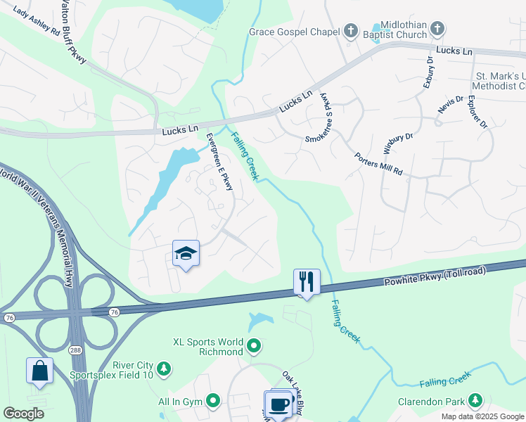 map of restaurants, bars, coffee shops, grocery stores, and more near 12306 Boxford Lane in Midlothian