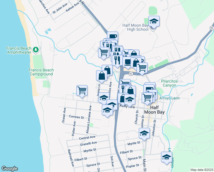 map of restaurants, bars, coffee shops, grocery stores, and more near 462 Cypress Avenue in Half Moon Bay